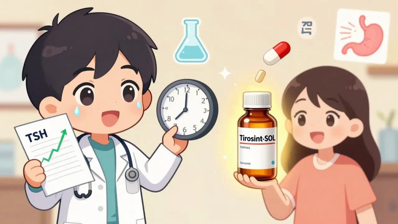 Doctor showing rising TSH levels while patient holds glowing liquid thyroid medication.