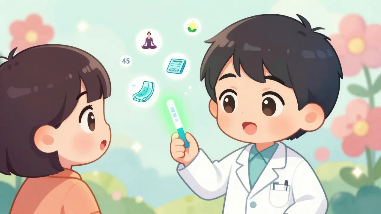 Doctor shows rising kidney function on a screen with healing icons in cute anime style.