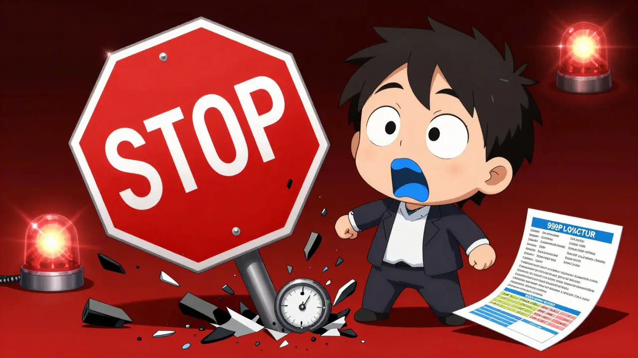 Dramatic chibi adult in red zone with shattered meter and emergency lights flashing.