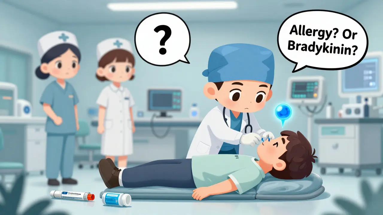 ER doctor checking airway as EpiPen and antihistamines lie unused on the floor.