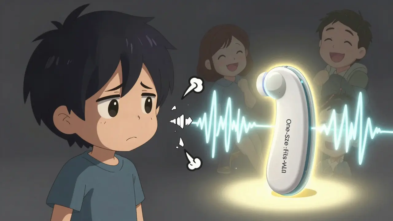 Frustrated person with broken OTC hearing aid vs. glowing verified aid connecting them to loved ones, chibi art style.