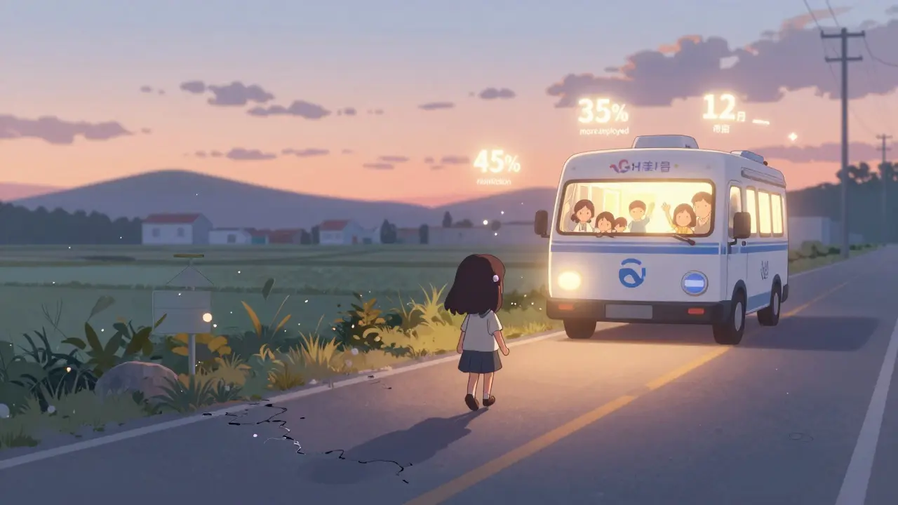 Girl walking toward clinic as mobile crisis van arrives with family, symbolizing rural access to care.