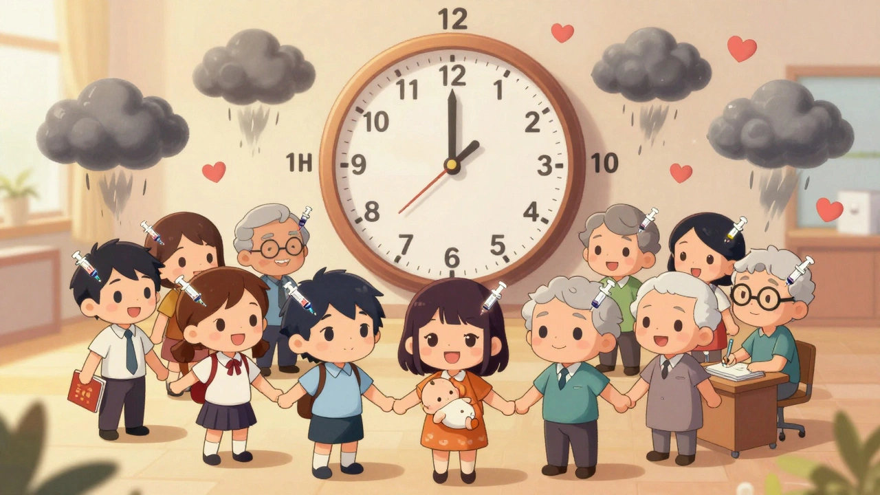 Group of chibi patients holding hands with Botox syringes, storm clouds fading over time.