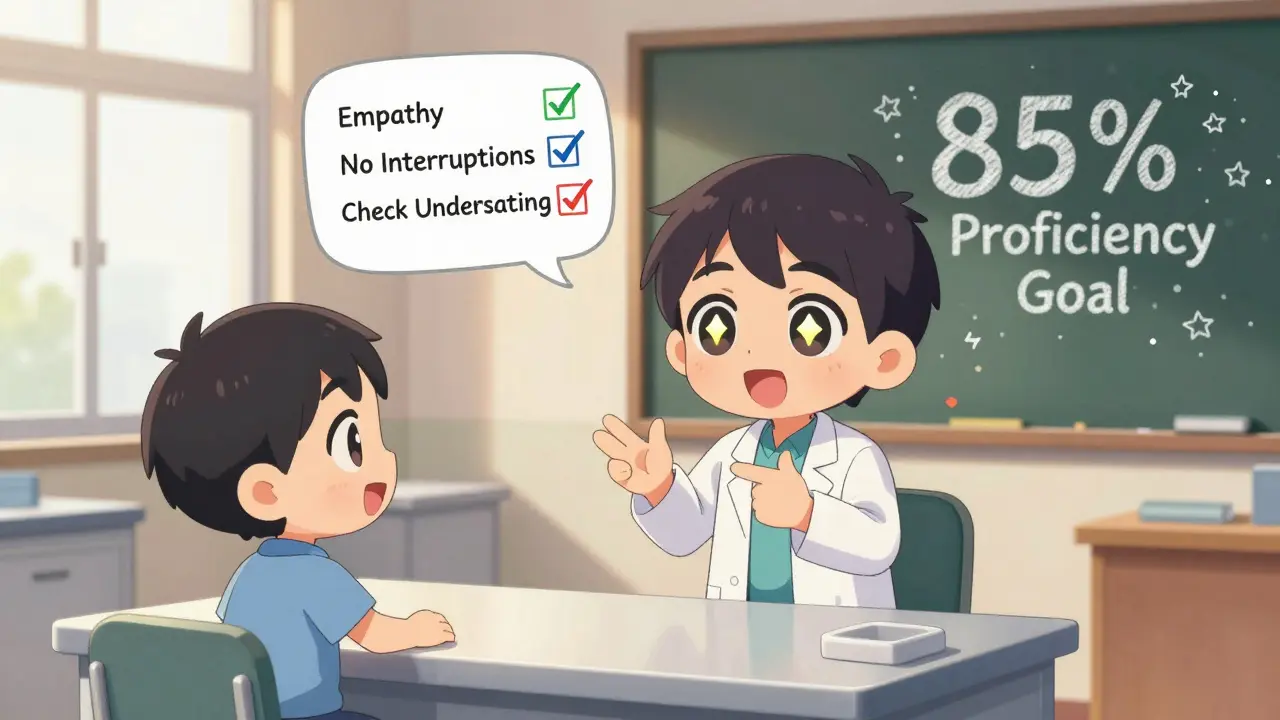 Medical student practicing empathy with a patient actor using a skill checklist.