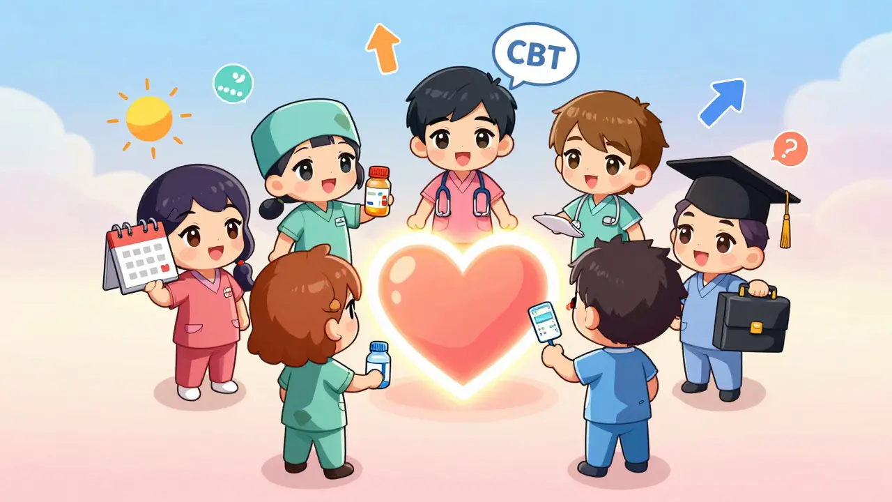 Miniature anime care team holding symbols of the five pillars of coordinated specialty care.