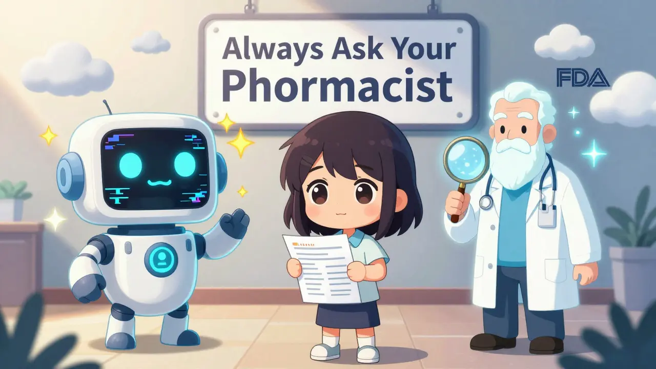 Patient between hallucinating AI and wise doctor, holding medication list with safety sign.