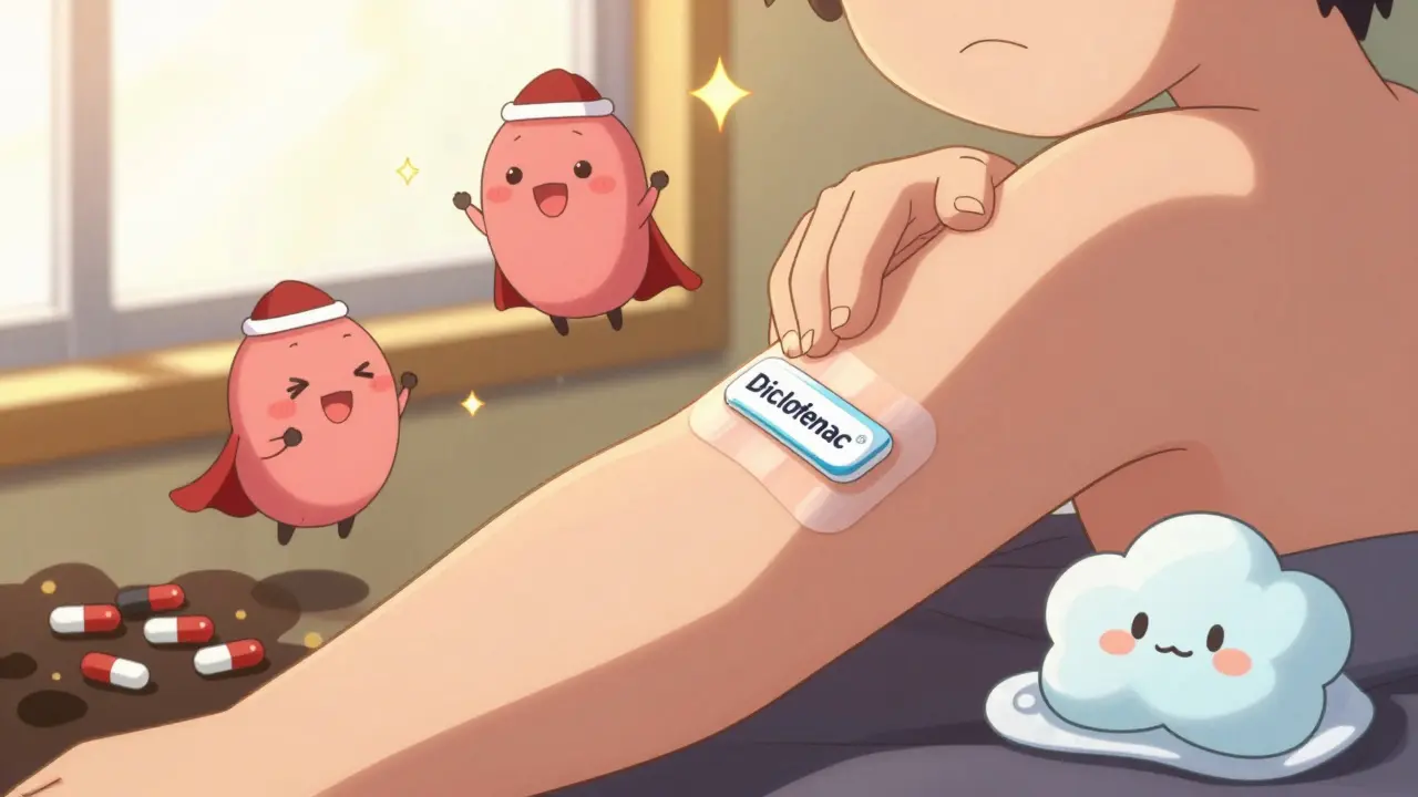Person applying pain relief gel while healthy smiling kidneys float nearby in chibi anime style.
