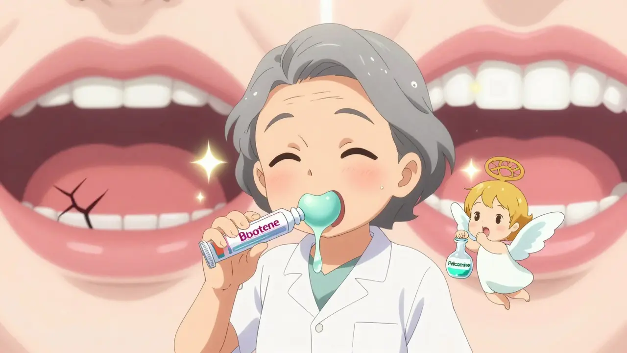 Senior smiling with sparkling saliva droplets, holding moisturizing gel and chewing xylitol gum.