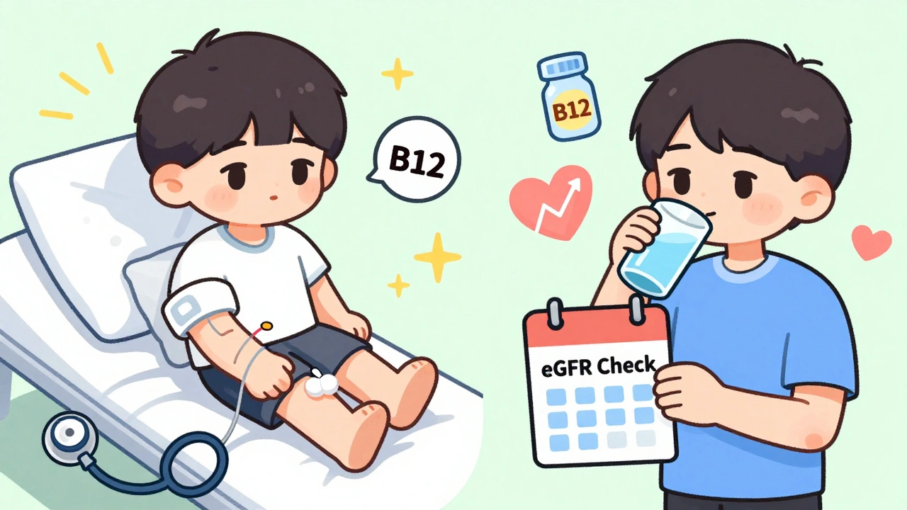 Split scene: dialysis patient taking metformin and person checking eGFR reminder with B12 icon