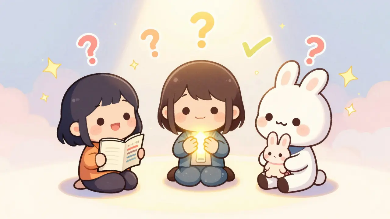 Three chibi characters in therapy using journal, touch tool, and toy for sexual wellness.