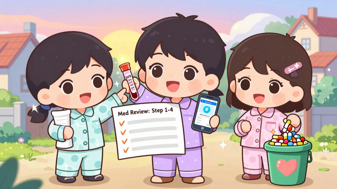 Three chibi seniors reviewing meds with blood test and GeroDose app, tossing unnecessary pills into a heart-shaped bin.