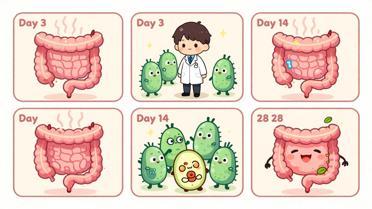 Timeline of gut bacteria adapting over weeks in chibi anime style with smiling microbes and food icons.