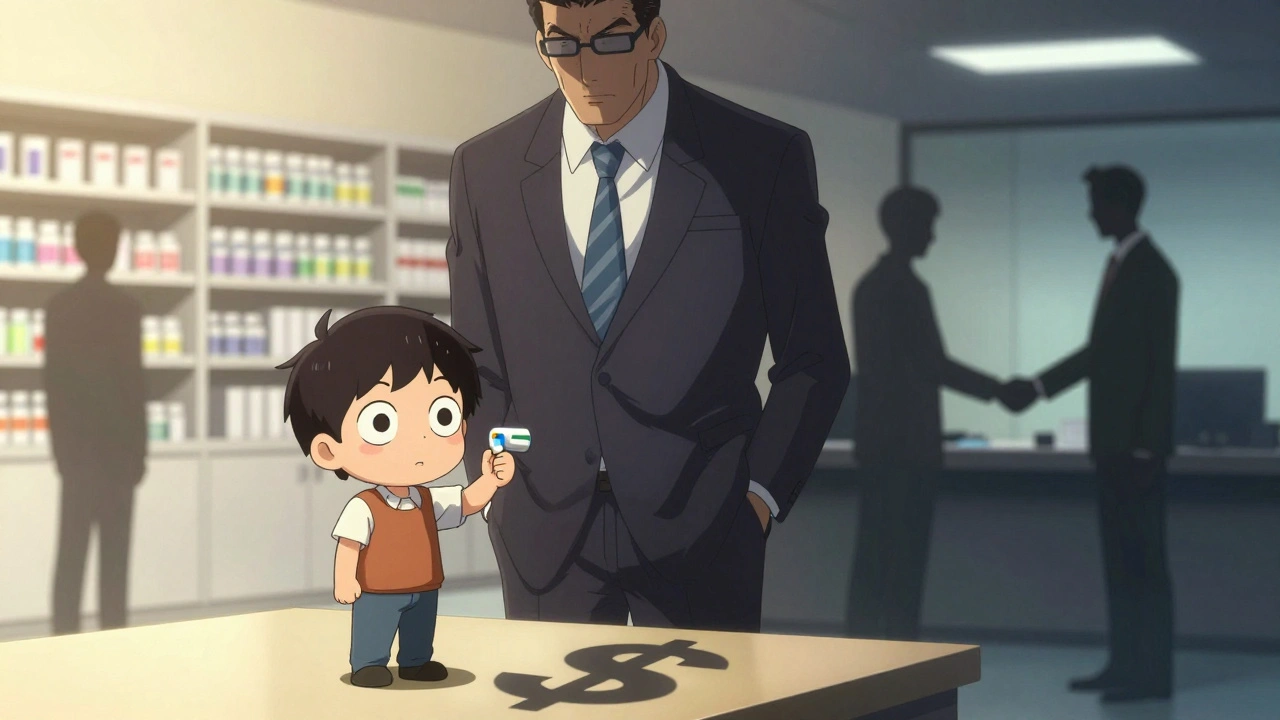 Tiny patient facing giant pharma exec casting a dollar-sign shadow over authorized generic pill