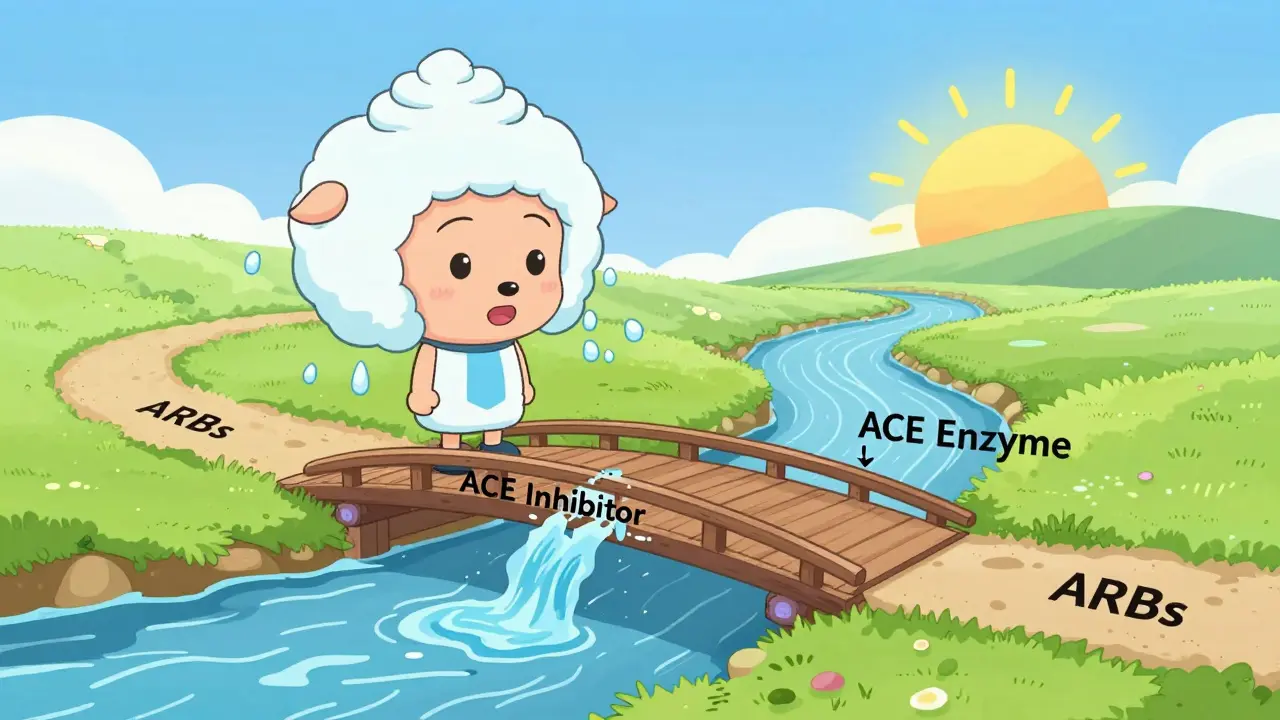 Tiny person on bridge over bradykinin river, broken drainpipe causing facial swelling.