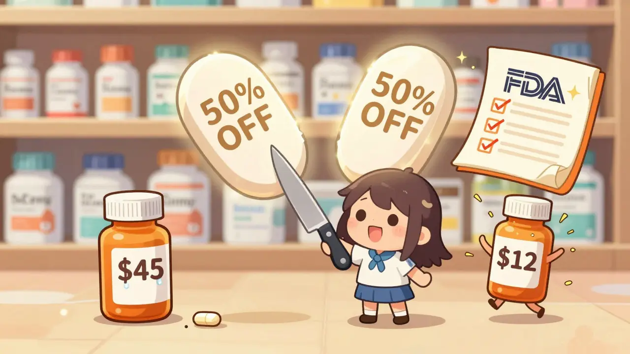 Tiny person splitting a large pill in half, with glowing savings signs and a floating FDA guide nearby.