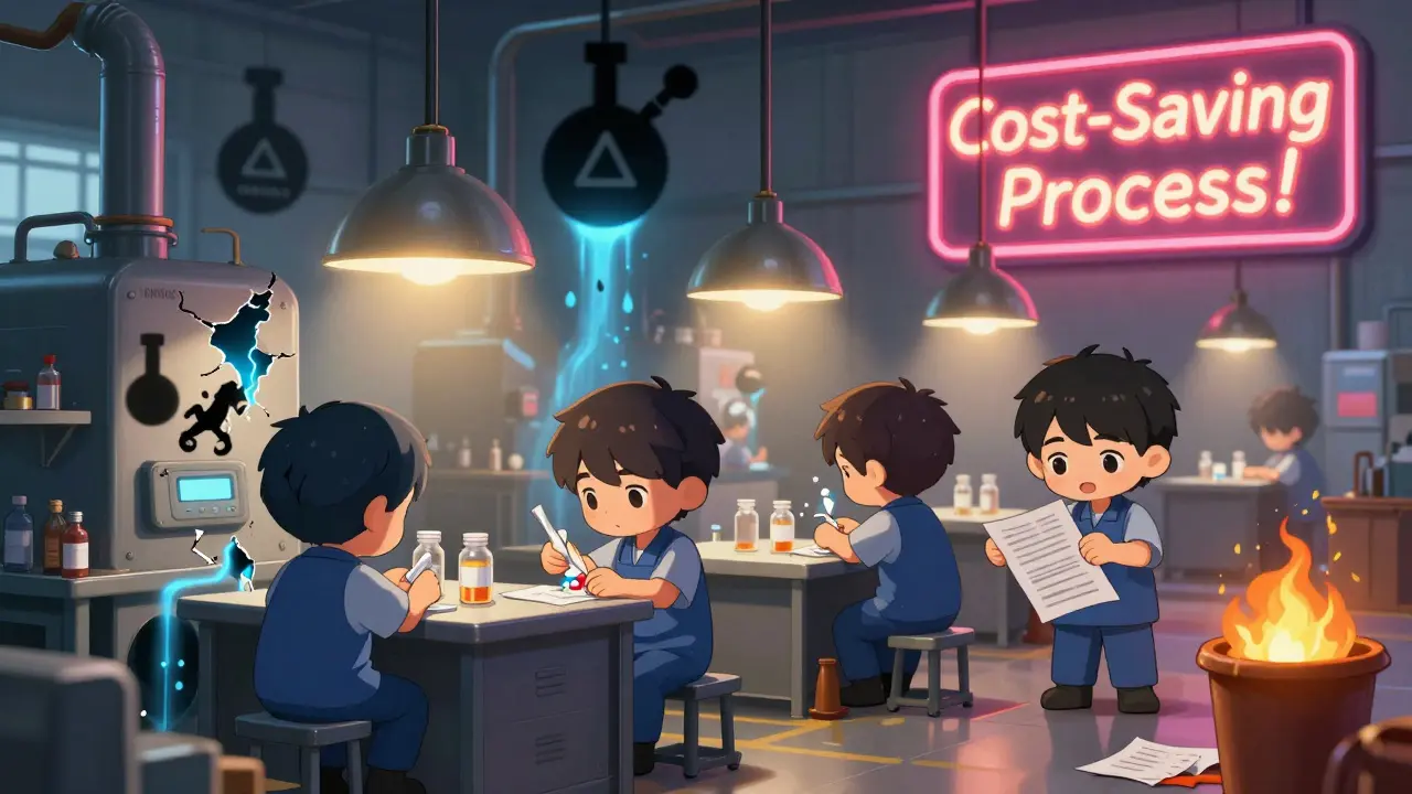 Tiny workers in a factory seal pills while toxic chemicals leak and documents burn.