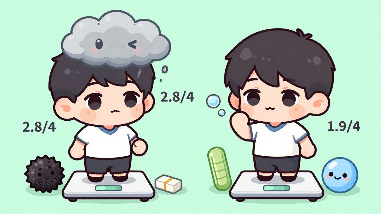 Two chibi characters comparing acarbose and miglitol side effects with gas clouds and health aids nearby.