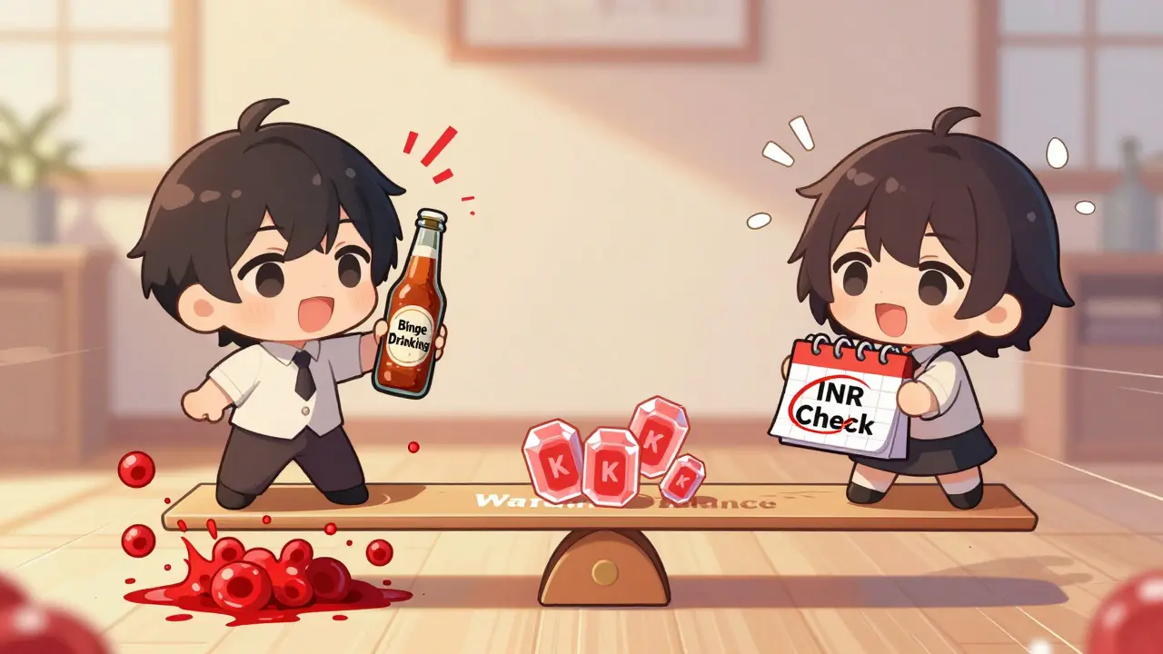 Two chibi characters on a seesaw representing alcohol and warfarin balance.