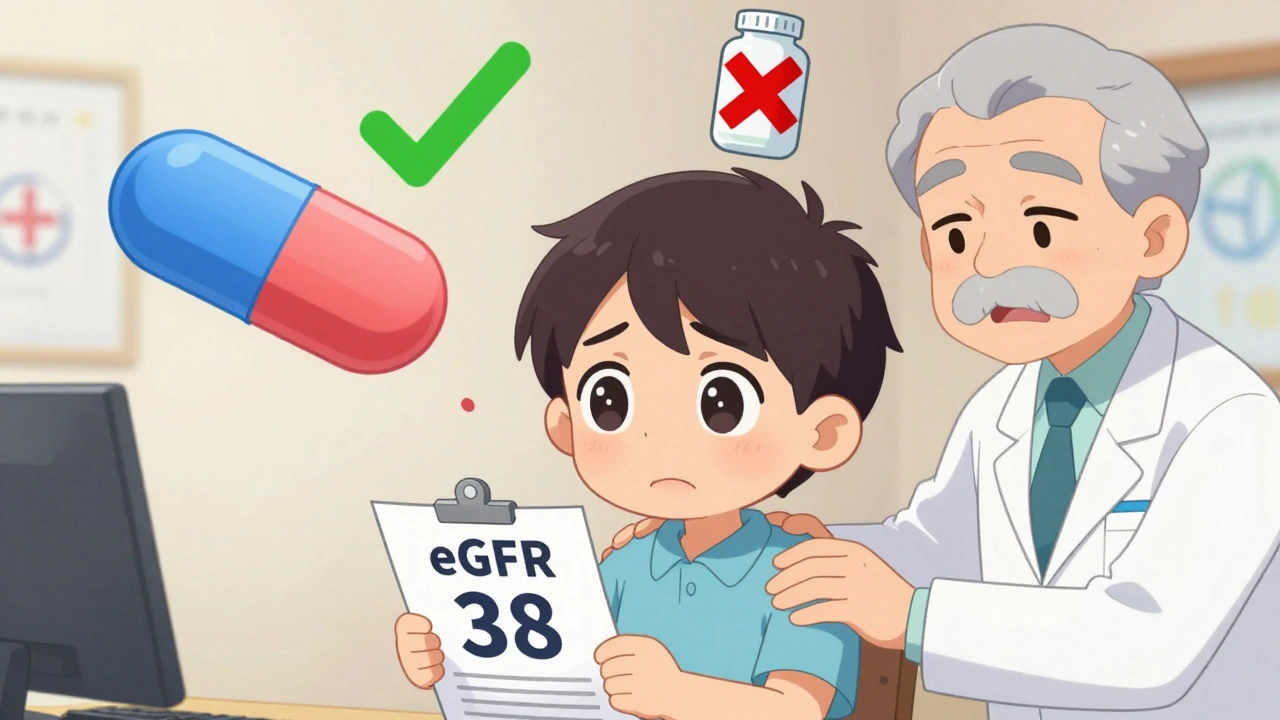 Worried patient with eGFR 38 lab report, metformin pill with green checkmark above