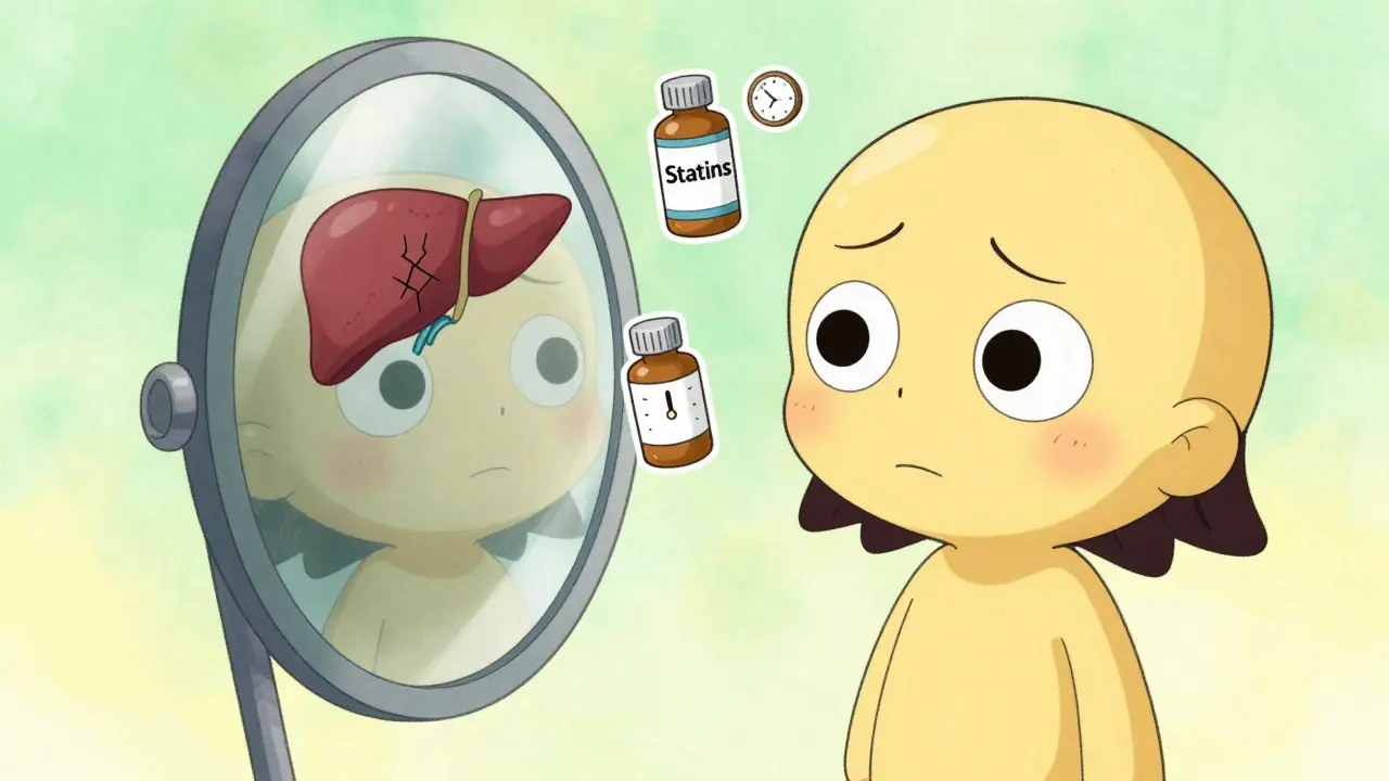 Chibi character with yellow skin reflecting jaundice in a mirror beside medicine bottles.