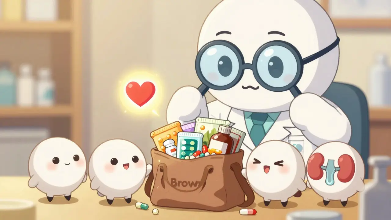 Chibi characters holding a brown bag of meds as a pharmacist examines them with glowing symbols.