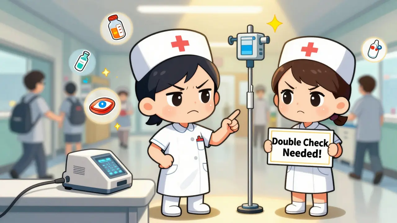 Chibi nurse using barcode scanner and smart pump while warning icons float around high-risk medications in a busy ward.