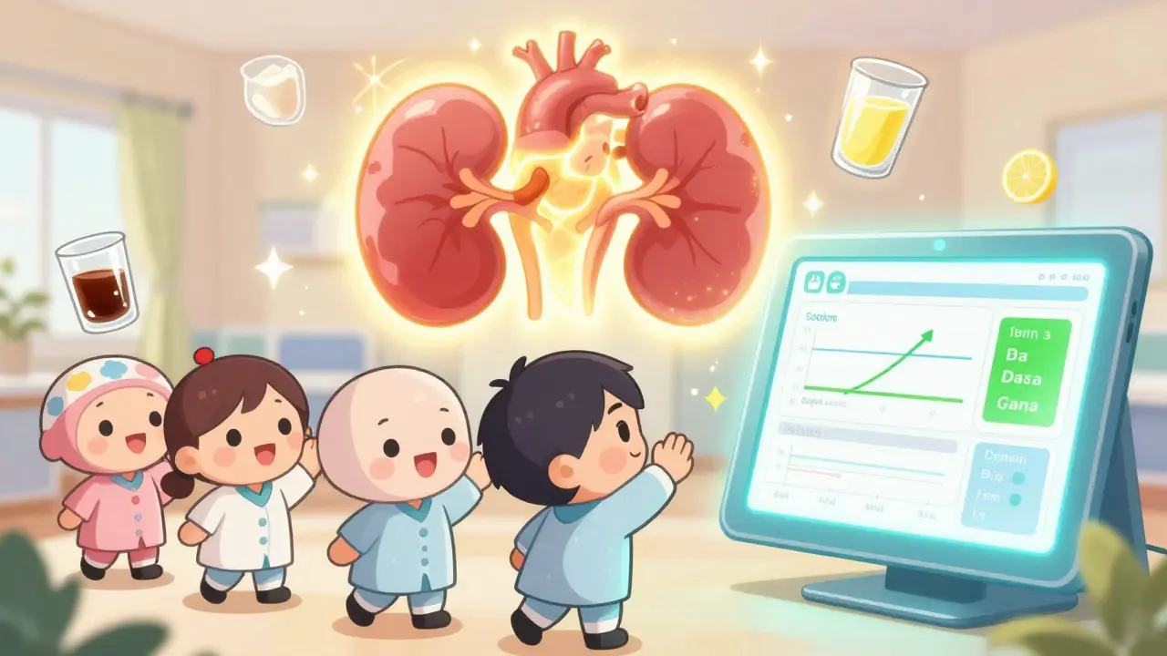 Chibi patients celebrating with a renal app showing healthy nutrient levels
