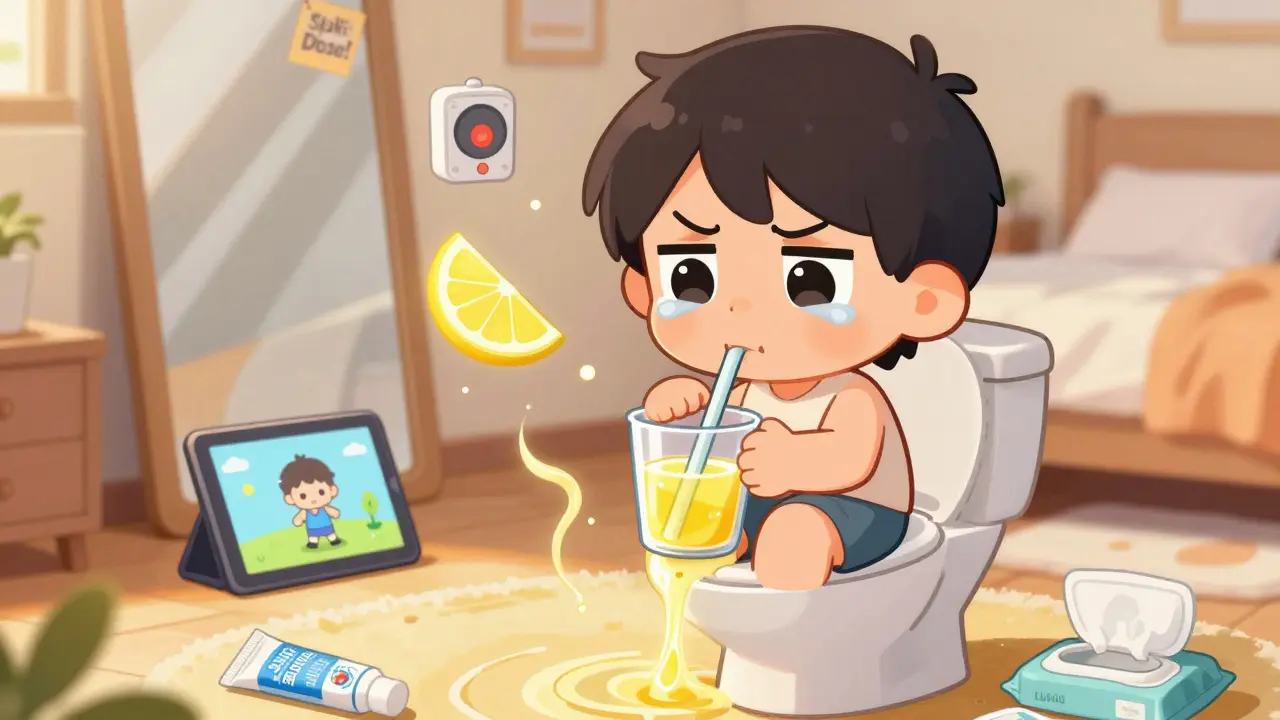 Chibi person sipping laxative through a straw with alarms and wet wipes nearby