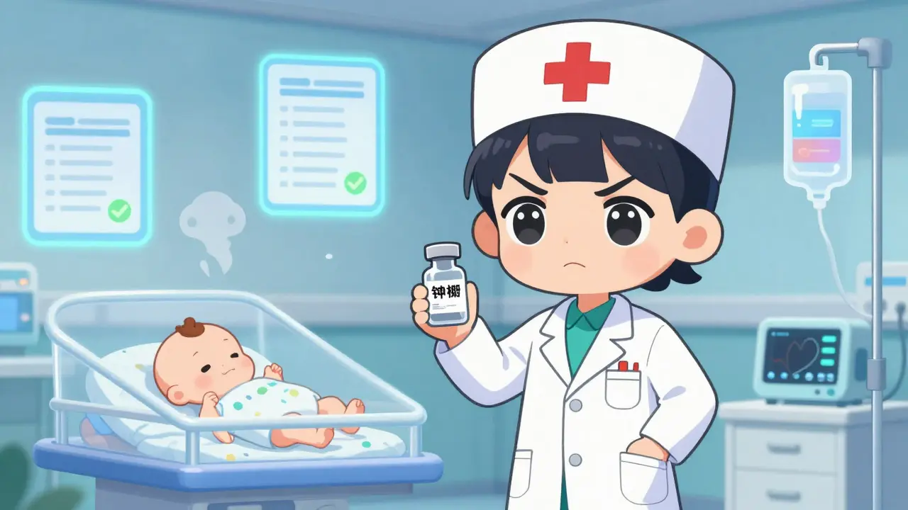 Chibi pharmacist and nurse verifying tiny potassium chloride dose for a baby in neonatal ICU with glowing safety checks.