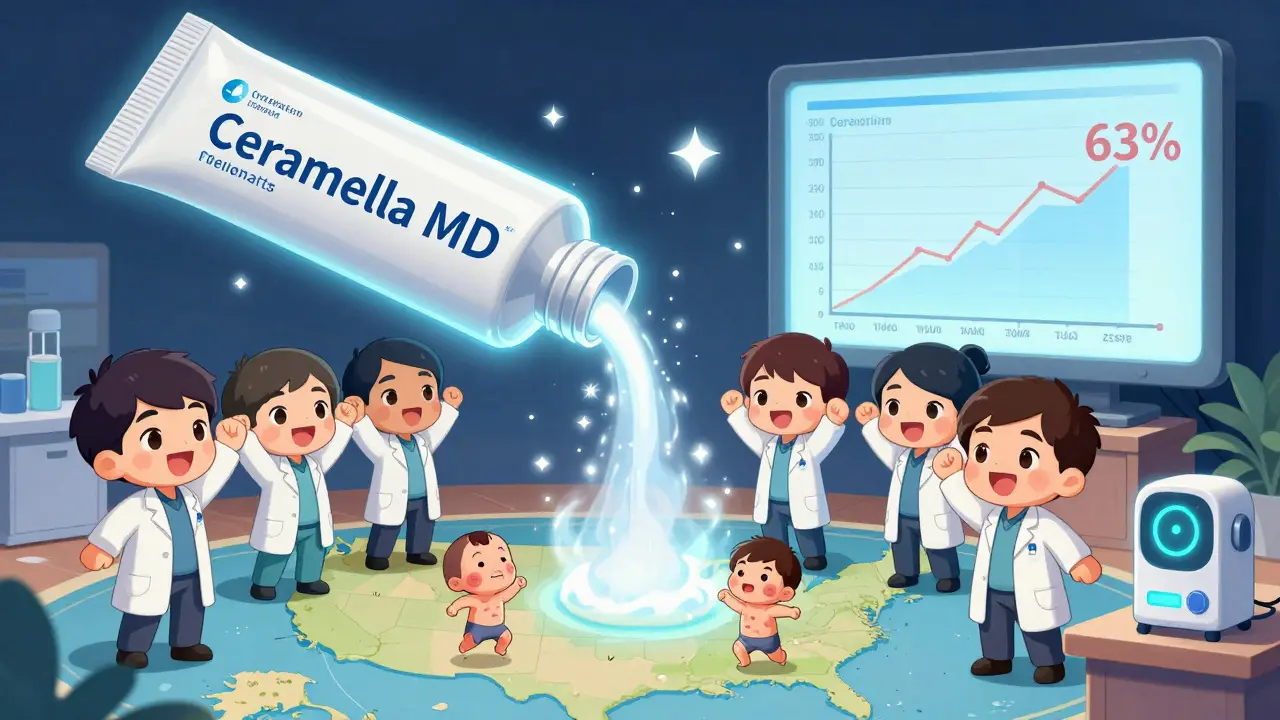 Chibi scientists celebrating a glowing ceramide mist over a USA map