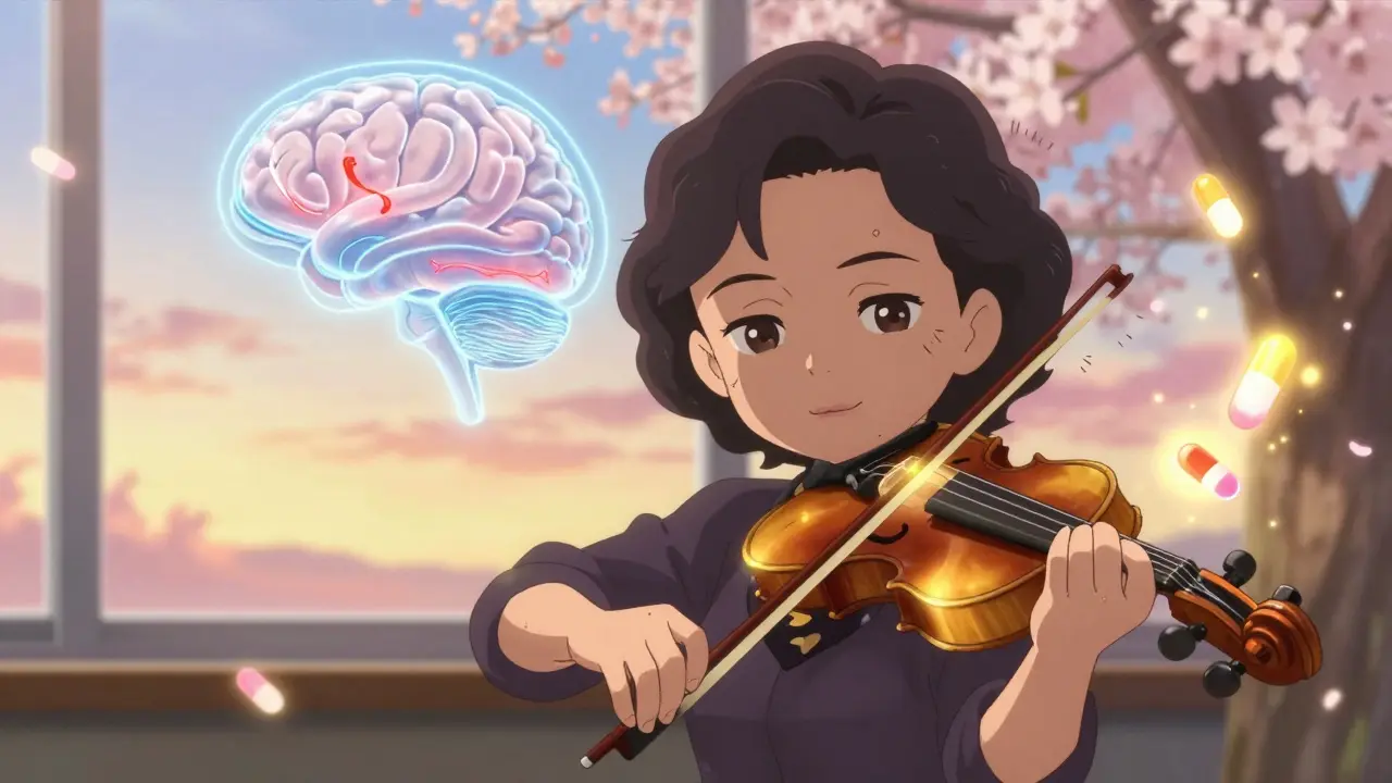 Chibi-style violinist playing smoothly as beta-blocker molecules reduce hand tremors with glowing energy.