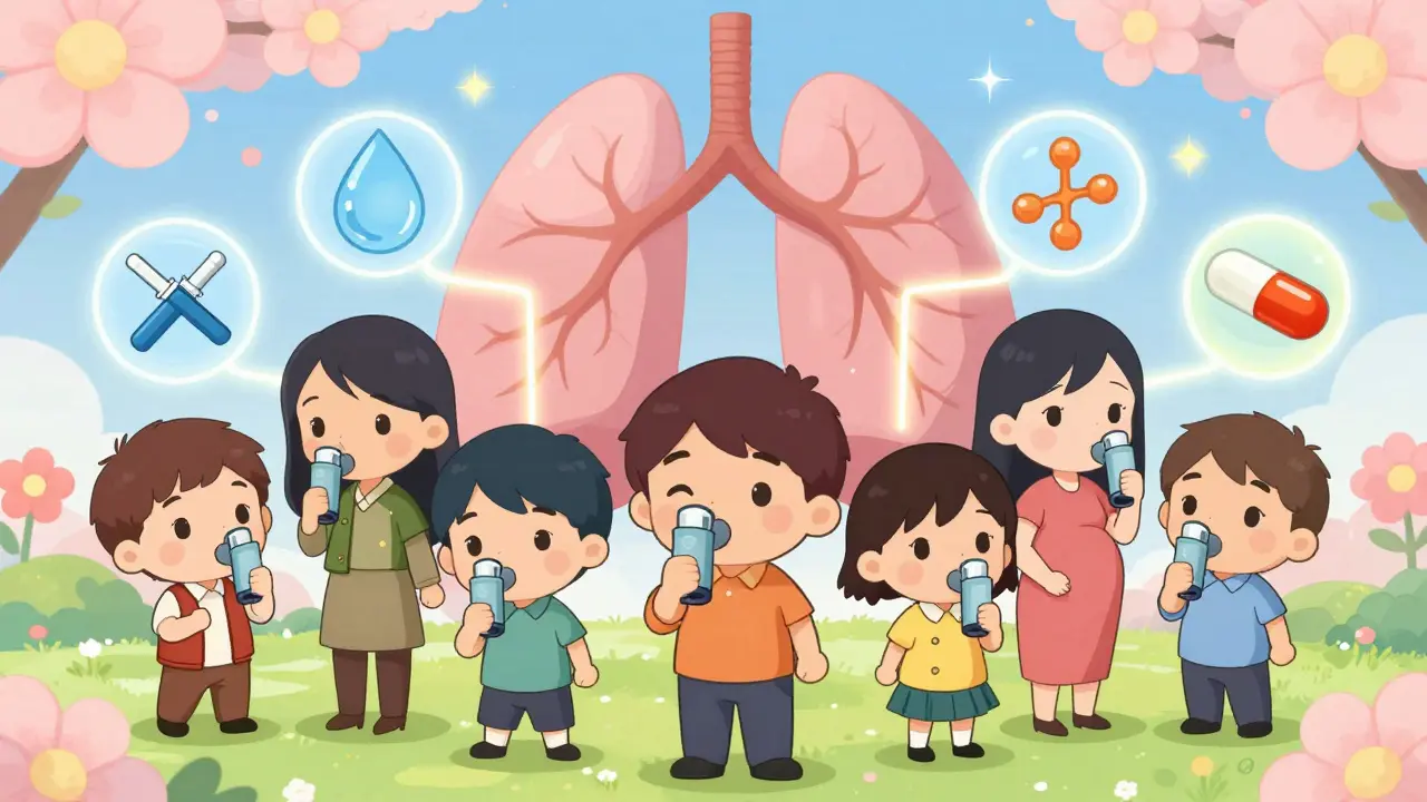 Diverse chibi characters with asthma inhalers surrounded by safety icons