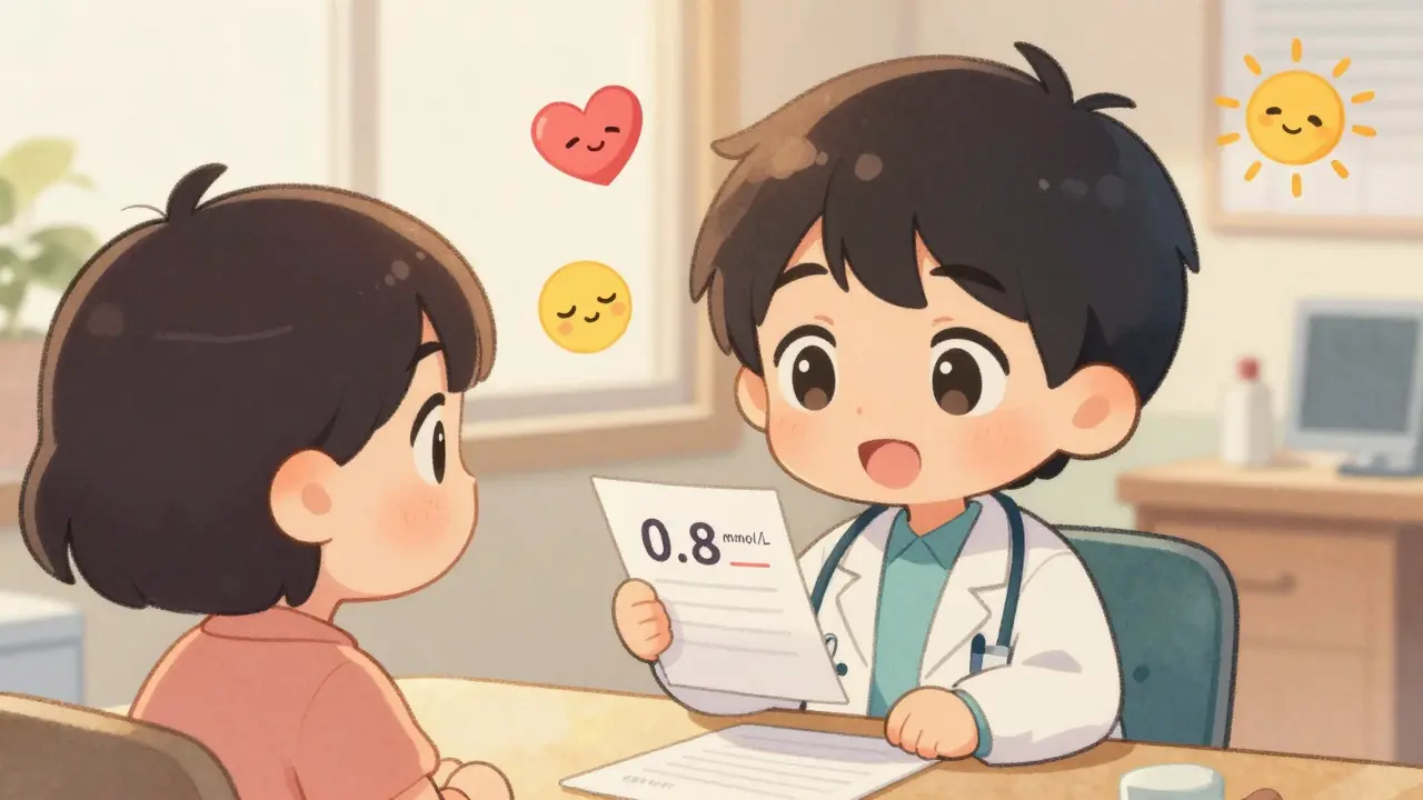 Doctor and patient in clinic with floating icons representing mood stabilizer benefits and side effects.