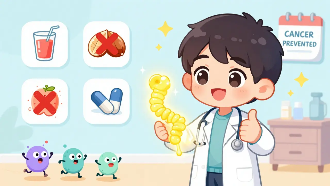 Doctor holding clean yellow colon as patient smiles, red forbidden foods marked with X