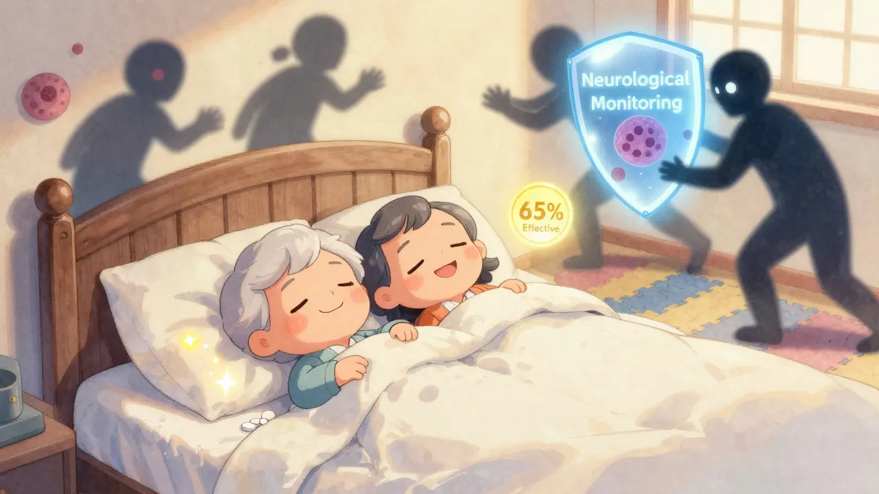 Elderly couple sleeping peacefully with melatonin stars and neuroprotection shield.