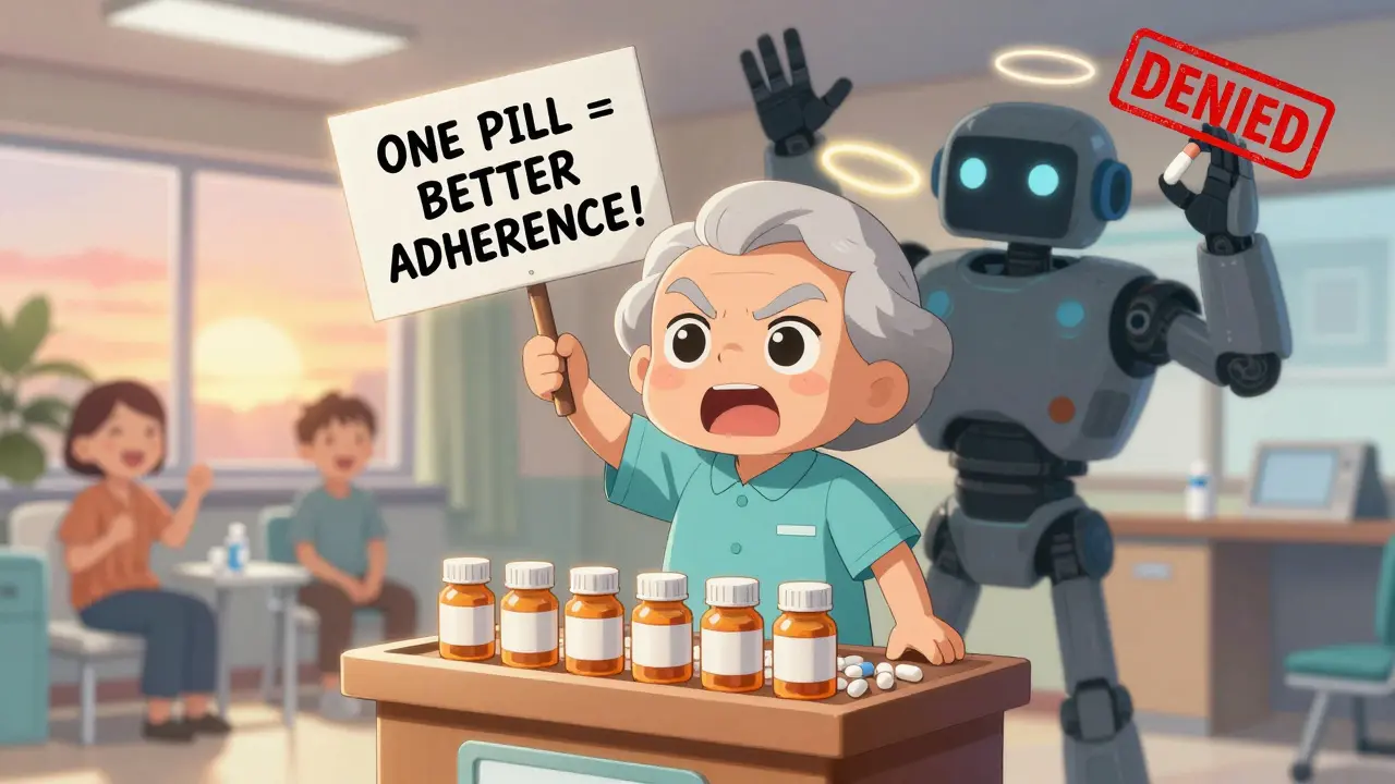 Elderly patient advocating for combo pills against a shadowy insurance robot.