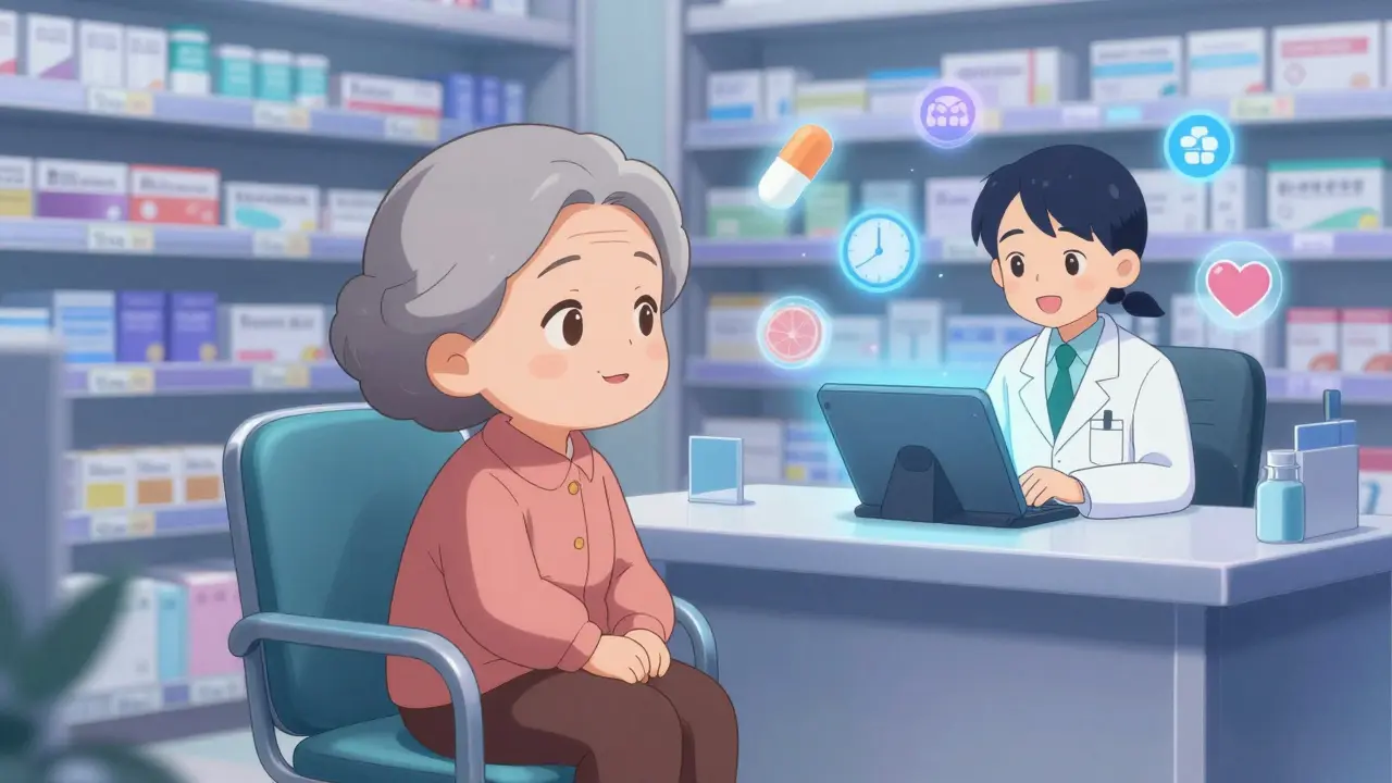 Elderly woman receiving medication counseling via video interpreter with medical symbols around her.