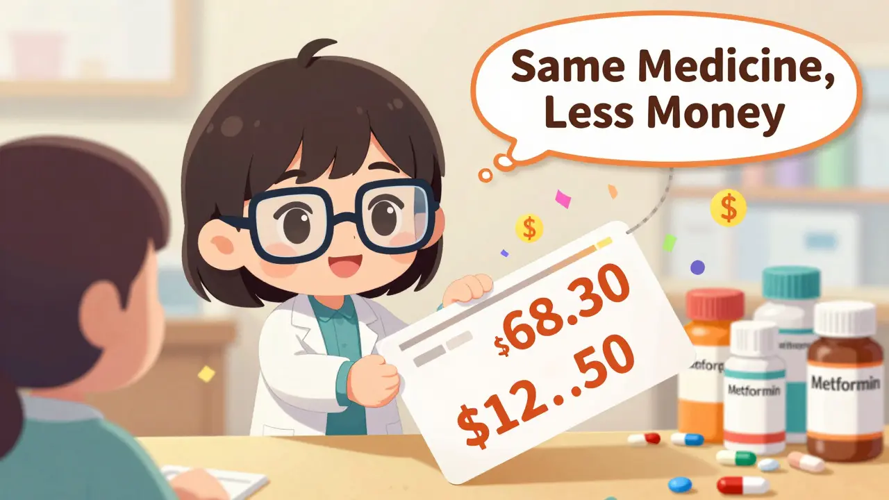 Friendly pharmacist handing a low-cost generic prescription with giant price tags floating nearby.