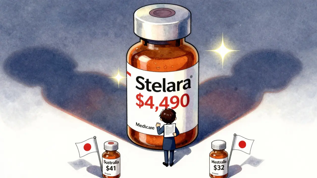 Giant U.S. brand-name drug tower looming over tiny international price tags, with Medicare agent negotiating.