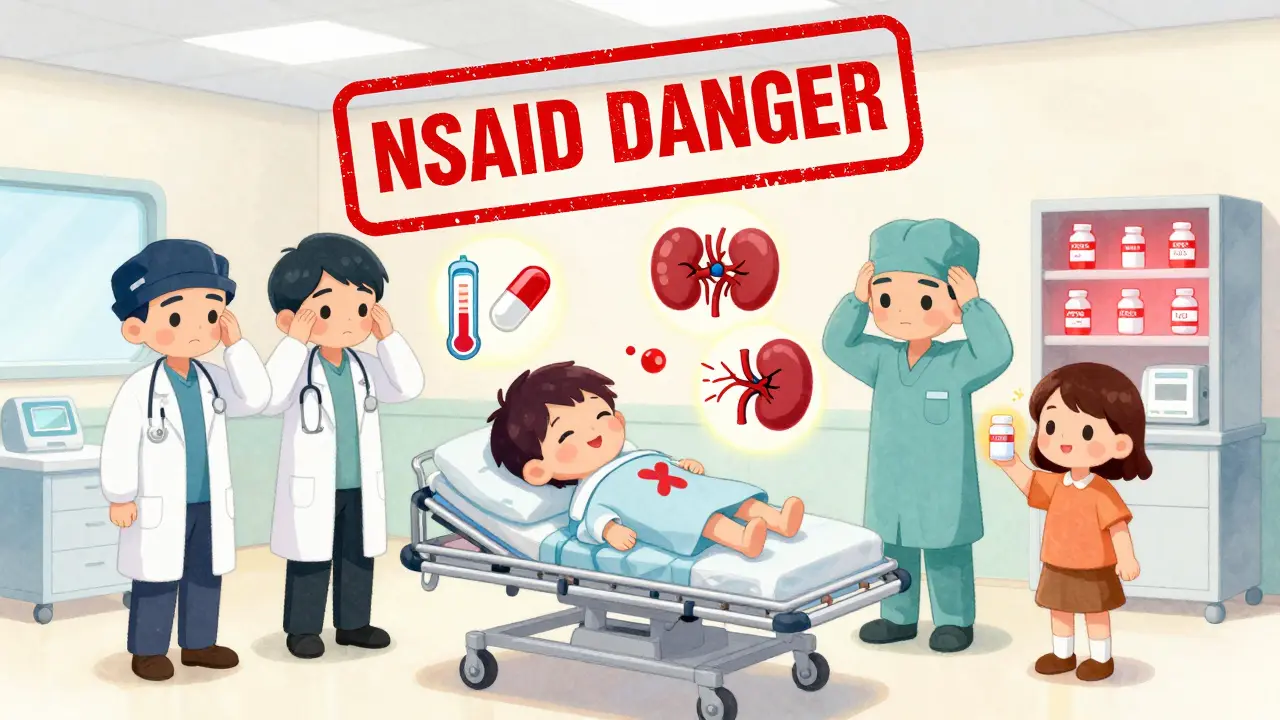 Hospital scene with chibi patient rushed in, NSAID danger icons floating, family holding medicine cabinet.