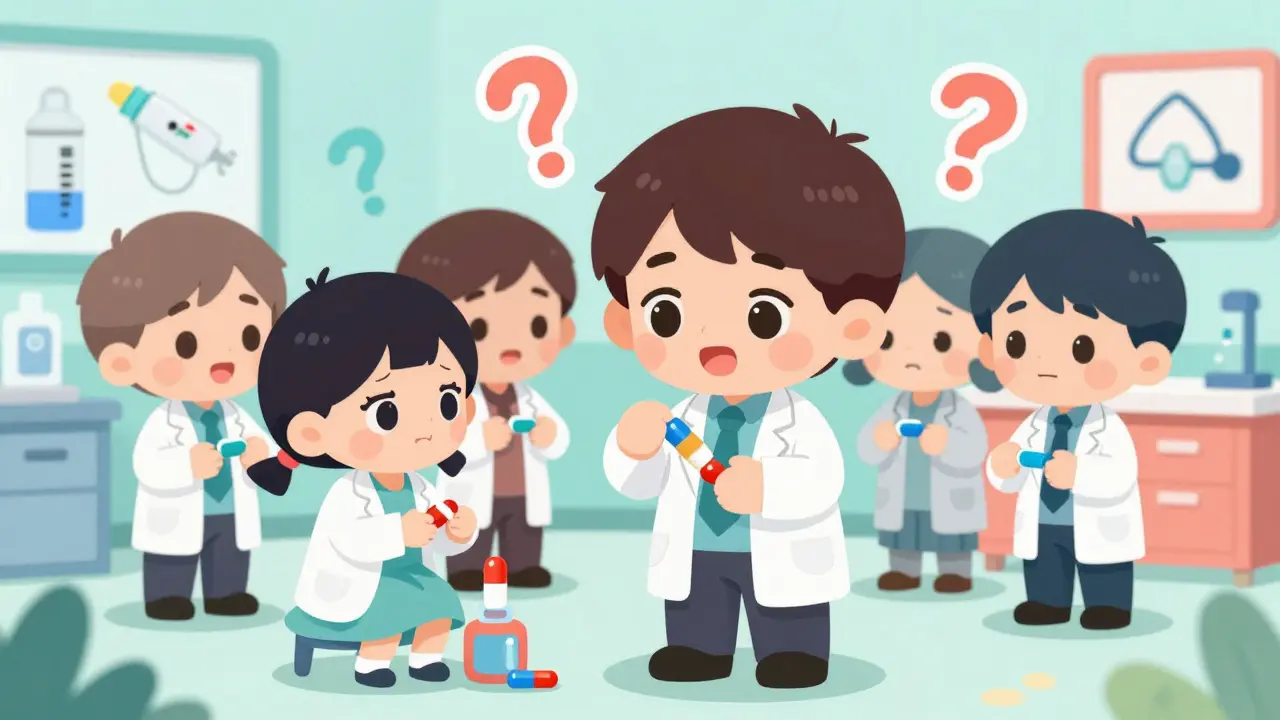 Mini doctors giving food capsules to a nervous child in a colorful allergy clinic with safety symbols nearby.