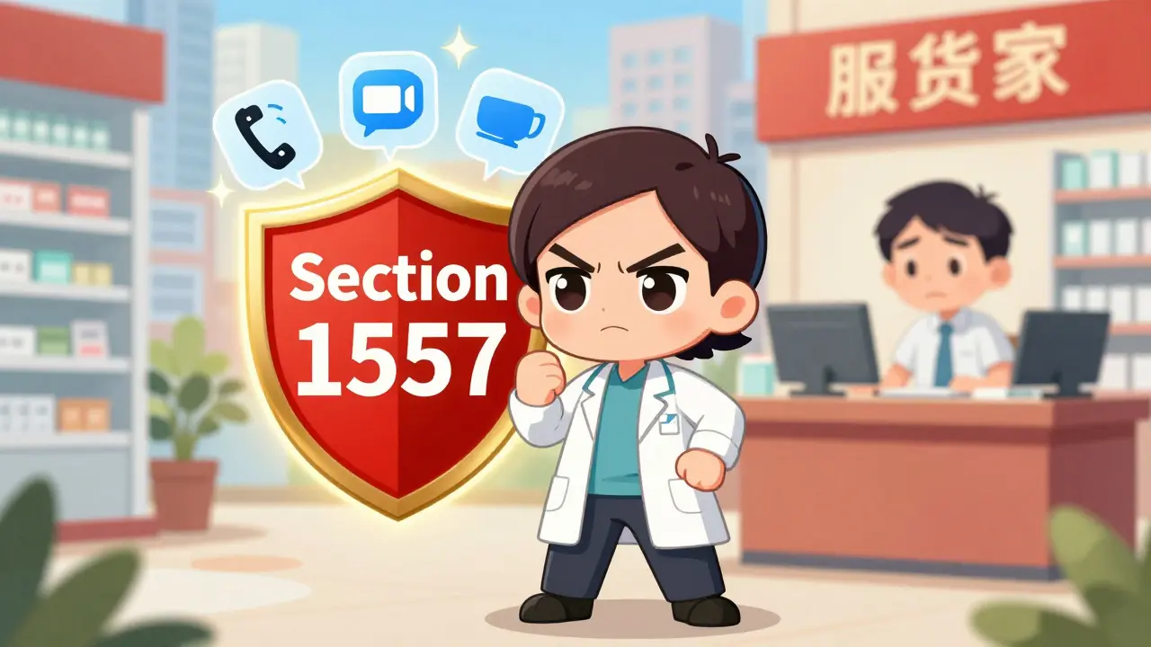 Patient asserting rights with legal shield as interpreter options float above in a pharmacy.