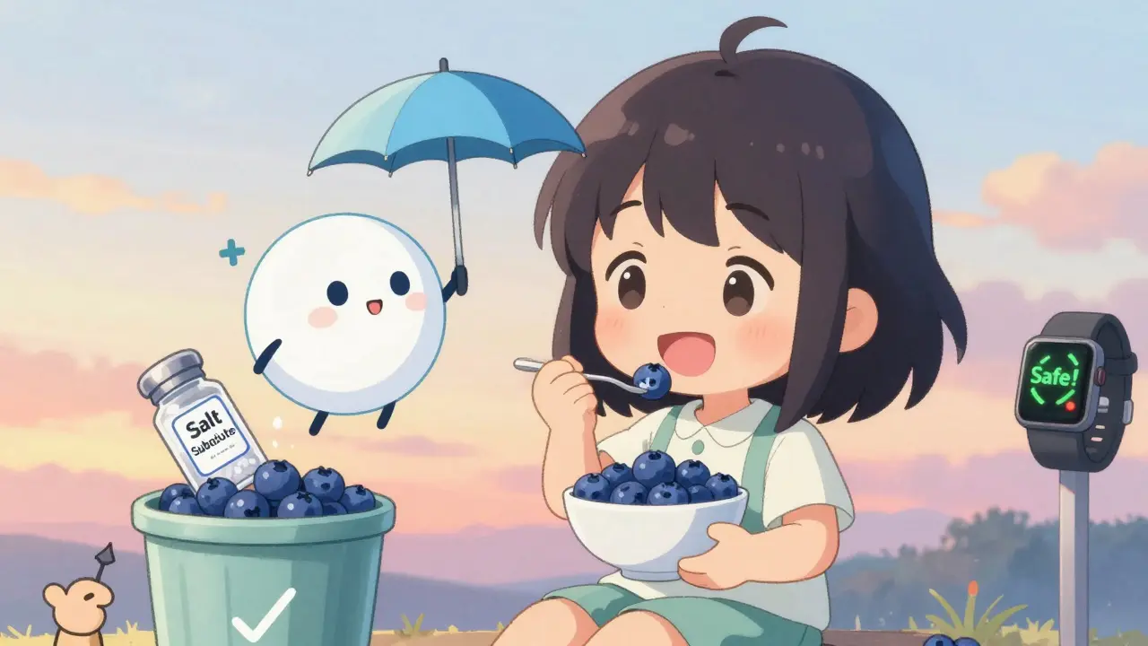 Patient eating blueberries while salt substitute is thrown away, smartwatch shows safe level.
