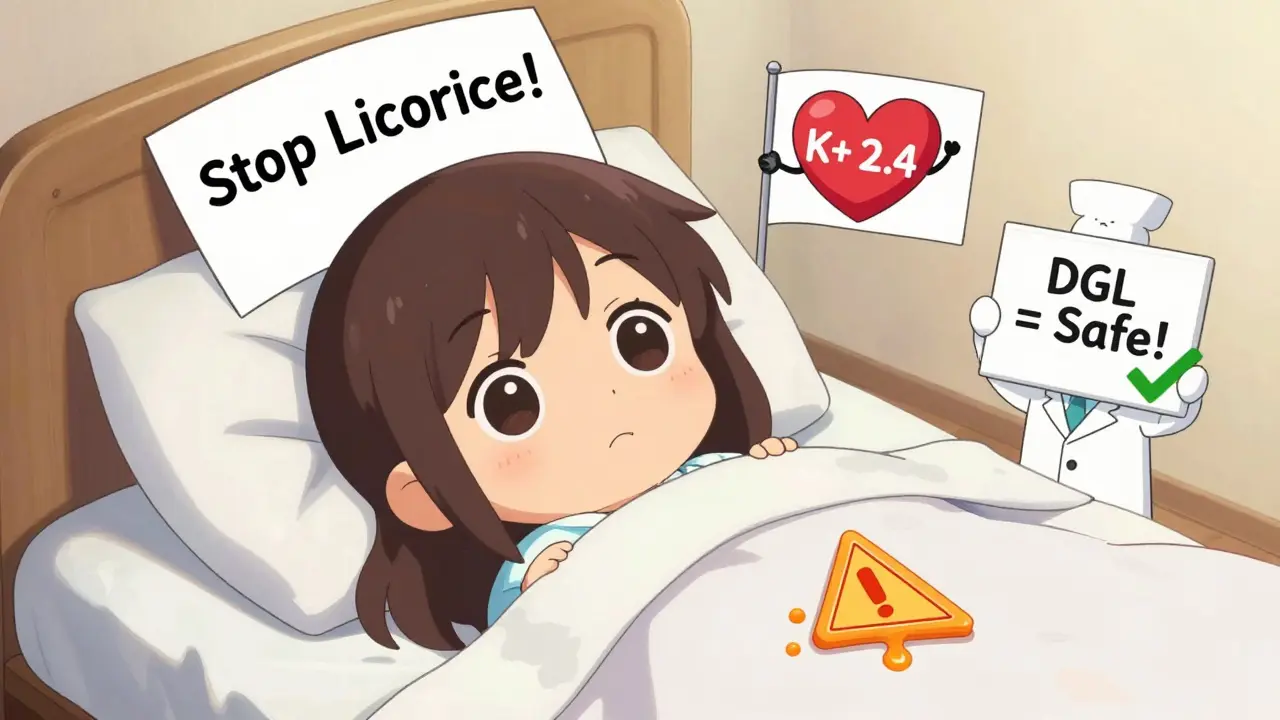 Patient in bed with heart showing low potassium, doctor’s note and safe DGL label nearby.