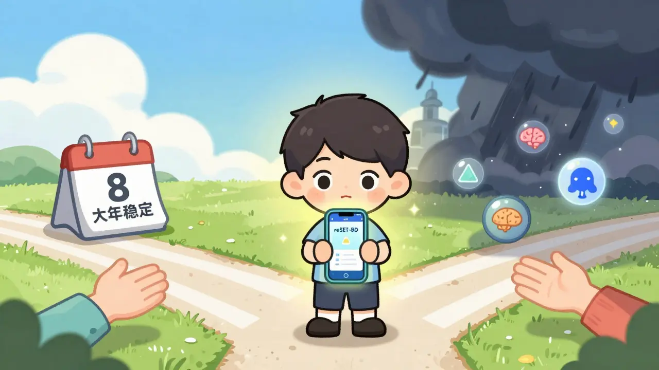 Person at crossroads choosing between stable life with lithium or side effects, holding a mood-tracking app.