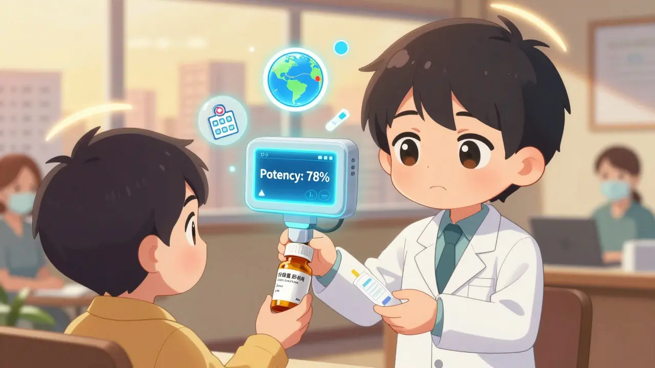 Pharmacist giving new prescription while AI scanner evaluates expired antibiotic