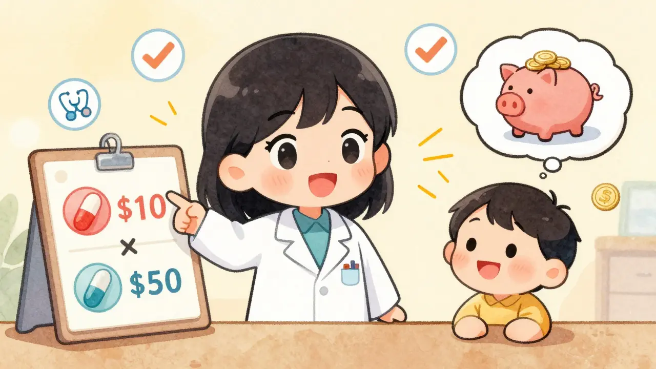 Pharmacist showing cost comparison chart to a smiling patient with floating coins.
