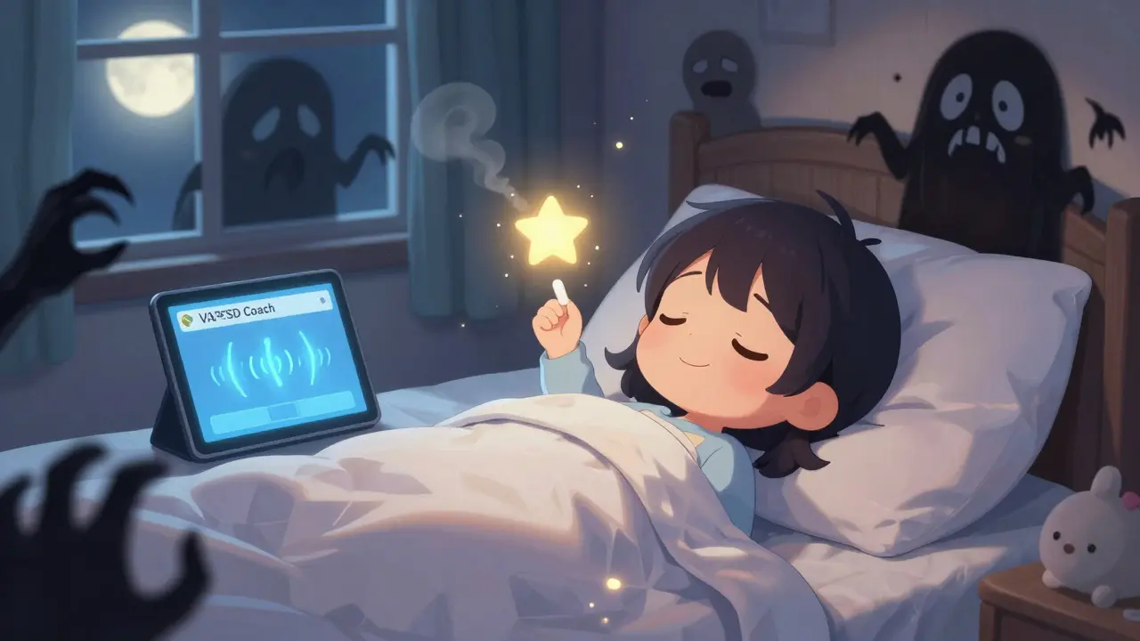 Sleeping chibi character with a glowing pill calming nightmares, moonlight in room.