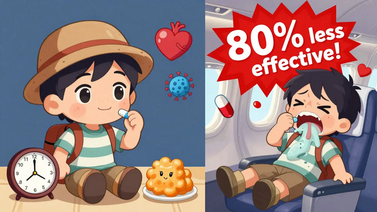 Split scene: calm traveler taking pill with food vs. another vomiting after skipping food.