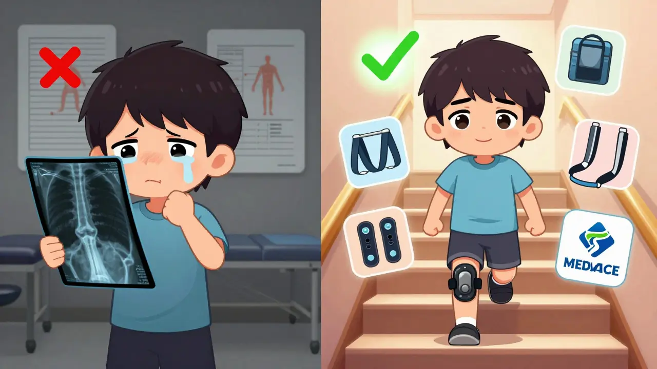 Split scene: frustrated patient with X-ray vs. same person climbing stairs with wearable sensor.